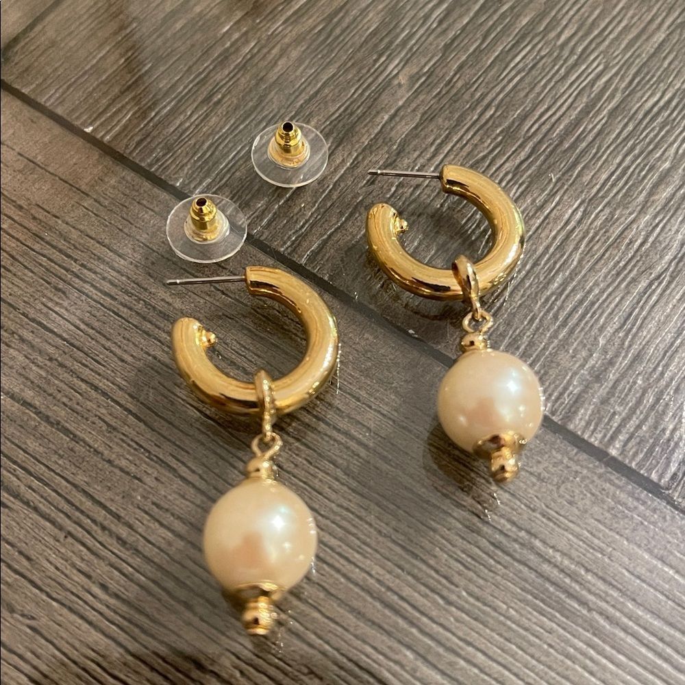Vintage Gold-tone Hoops with Faux Pearl Charms- Drops - Picture 3 of 16